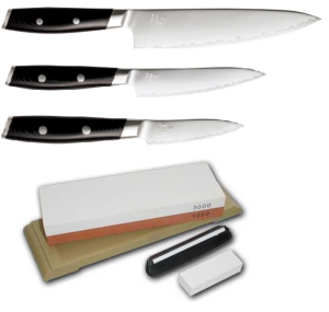 Set de 3 couteaux japonais Yaxell Mon - Forme européenne + Pierre à aiguiser Yaxell