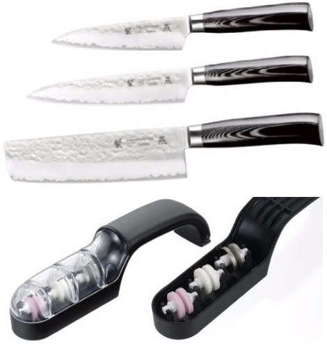 Set de 3 couteaux japonais Tamahagane Tsubame Hammered - Forme vegan + affûteur manuel Tamahagane