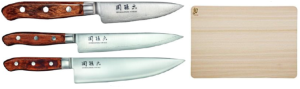 SET DE 3 COUTEAUX JAPONAIS KAI SEKI MAGOROKU VINTAGE "FORME EUROPÉENNE" ET PLANCHE