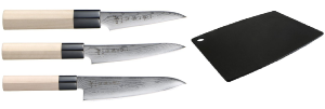 SET DE 3 COUTEAUX JAPONAIS TOJIRO SHIPPU "FORME EUROPÉENNE" ET PLANCHE