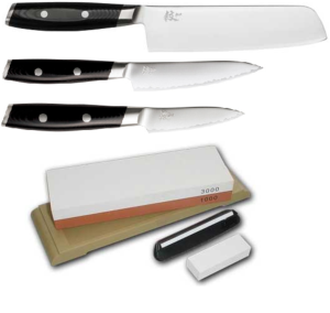 Set de 3 couteaux japonais Yaxell Mon - Forme vegan + pierre à aiguiser Yaxell