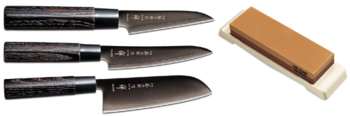 Set de 3 couteaux japonais Zen Black Tojiro forme japonaise + pierre à aiguiser Tojiro