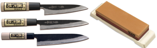 SET DE 3 COUTEAUX JAPONAIS TOJIRO YASUKI SHIROGAMI "FORME EUROPÉENNE" ET PIERRE
