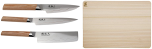 Set de 3 couteaux japonais Kai Seki Magoroku composite "forme végan" et planche