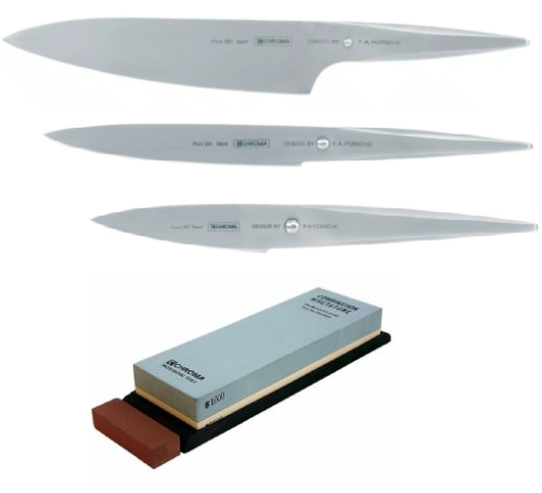 Set de 3 couteaux Japonais Type 301 disign by F.A Porsche "Forme européenne" et pierre