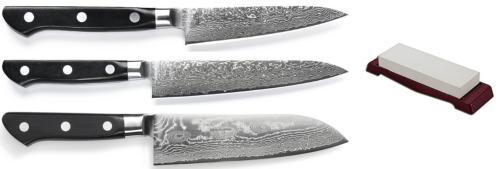 SET DE 3 COUTEAUX JAPONAIS TOJIRO DAMASCUS PRO SGPS "FORME JAPONAISE" ET PIERRE