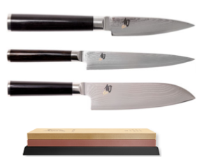 Set de 3 couteaux japonais Kai Shun Classic damas forme japonaise + pierre à aiguiser Kai