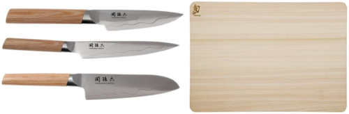 Set de 3 couteaux japonais Kai Seki Magoroku composite "forme japonaise" et planche