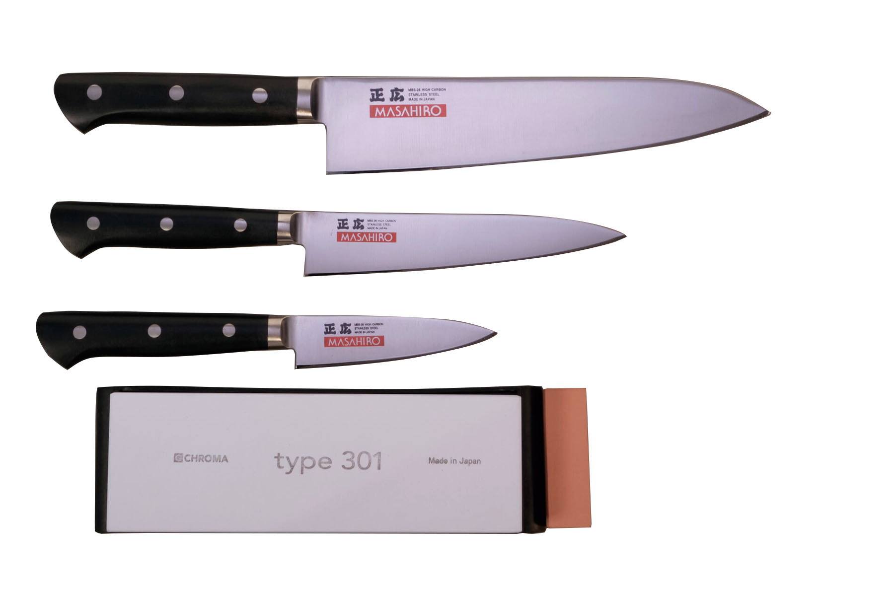 Set de 3 couteaux japonais Masahiro - Forme européenne + pierre à aiguiser