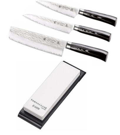 Set de 3 couteaux japonais Tamahagane Tsubame Hammered - Forme vegan + Pierre à aiguiser Tamahagane