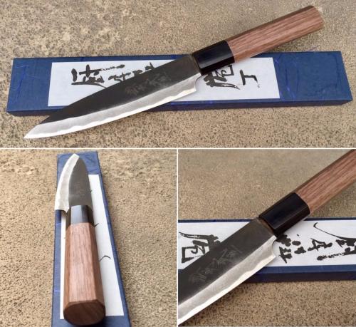 Couteau japonais artisanal Kamo finition "brut de forge" Petty 135 mm