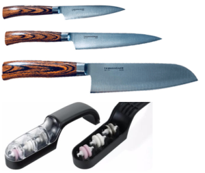 Set de 3 couteaux de cuisine japonais Tamahagane gamme San "forme japonaise" et affûteur