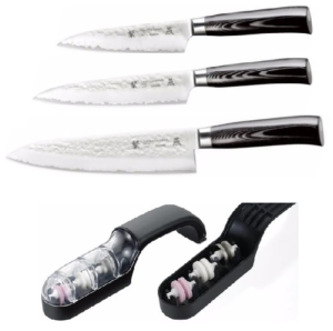 Set de 3 couteaux de cuisine Japonais Tamahagane Hammered" Forme Européenne" et affuteur