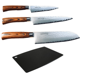 Set de 3 couteaux de cuisine japonais Tamahagane Tsubame pakkawood "forme japonaise" et planche