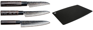 SET DE 3 COUTEAUX JAPONAIS TOJIRO SHIPPU BLACK "FORME EUROPÉENNE" ET PLANCHE