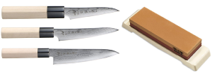 Set de 3 couteaux Tojiro Shippu Damas "Forme européenne + pierre à aiguiser Tojiro