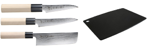 SET DE 3 COUTEAUX JAPONAIS TOJIRO SHIPPU "FORME VÉGAN" ET PLANCHE