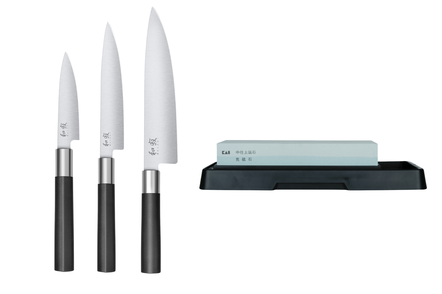 Set de 3 couteaux japonais Kai Wasabi Black - type européen + pierre à aiguiser