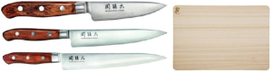 SET DE 3 COUTEAUX JAPONAIS KAI SEKI MAGOROKU VINTAGE "SPÉCIAL POISSON" ET PLANCHE