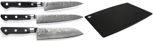 SET DE 3 COUTEAUX JAPONAIS TOJIRO DAMASCUS PRO SGPS "FORME JAPONAISE" ET PLANCHE