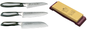 Set de 3 couteaux japonais Tojiro Flash forme japonaise + pierre à aiguiser Tojiro