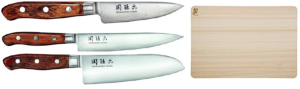 SET DE 3 COUTEAUX JAPONAIS KAI SEKI MAGOROKU VINTAGE "FORME JAPONAISE" ET PLANCHE