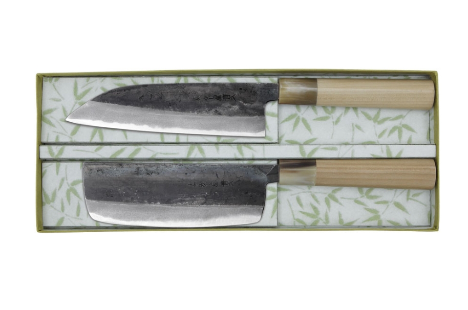 Coffret de 2 couteaux artisanaux japonais Kuro Ochi - Couteau santoku et couteau nakiri