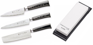 Set de 3 couteaux japonais Tamahagane Kyoto - forme vegan + pierre à aiguiser Tamahagane