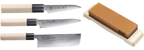 Set de 3 couteaux Tojiro Shippu Damas "forme vegan" + pierre à aiguiser Tojiro