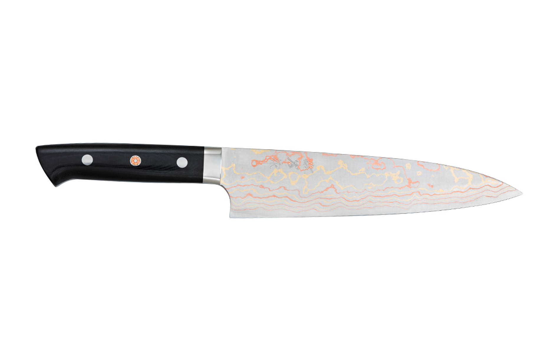 Couteau japonais artisanal Rainbow Damascus de Takeshi Saji - Couteau gyuto 21 cm