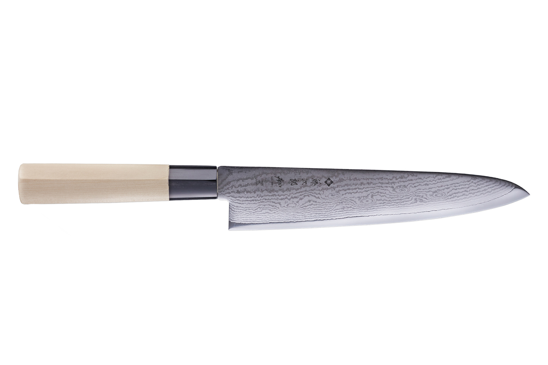 Couteau de Cuisine Japonais Professionnel en Acier Damas et Manche en Bois.  Couteau de Chef, Couperet de Cuisine, Couteau Boucher avec Ecailleur à  Poisson, Décapsuleur et Double Systèmes d'accroche - Zinello Design