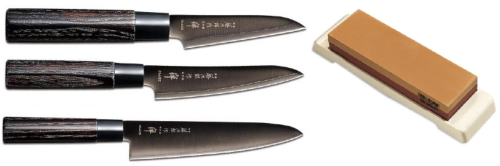 Set de 3 couteaux japonais Zen Black Tojiro forme européenne + pierre à aiguiser Tojiro