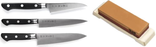 Set de 3 couteaux japonais DP Série Tojiro forme européenne + pierre à affûter Tojiro