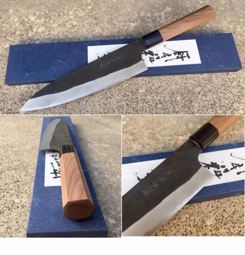 Couteau japonais artisanal Kamo finition "brut de forge" Gyuto 210 mm