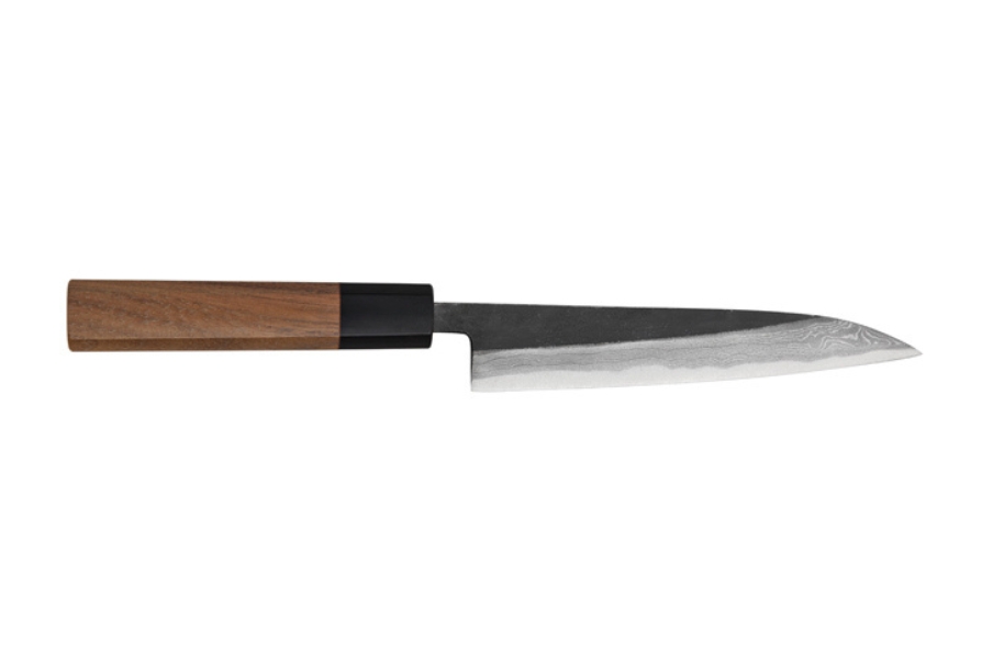 Couteau japonais artisanal Kamo finition "brut de forge" Damas - Petty 150 mm
