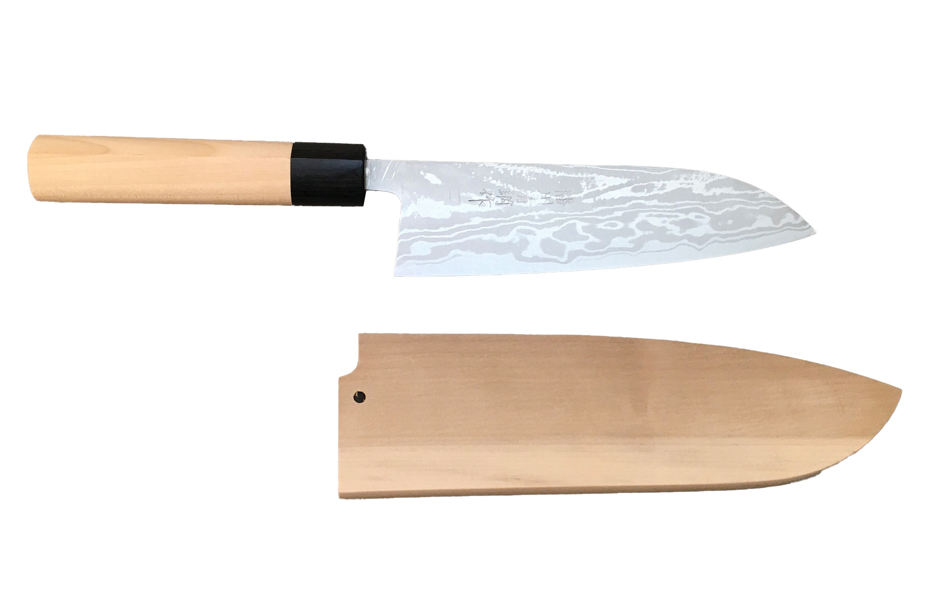 Couteau japonais artisanal Ryuzo Zayashi Santoku 16,5 cm + Saya en bois