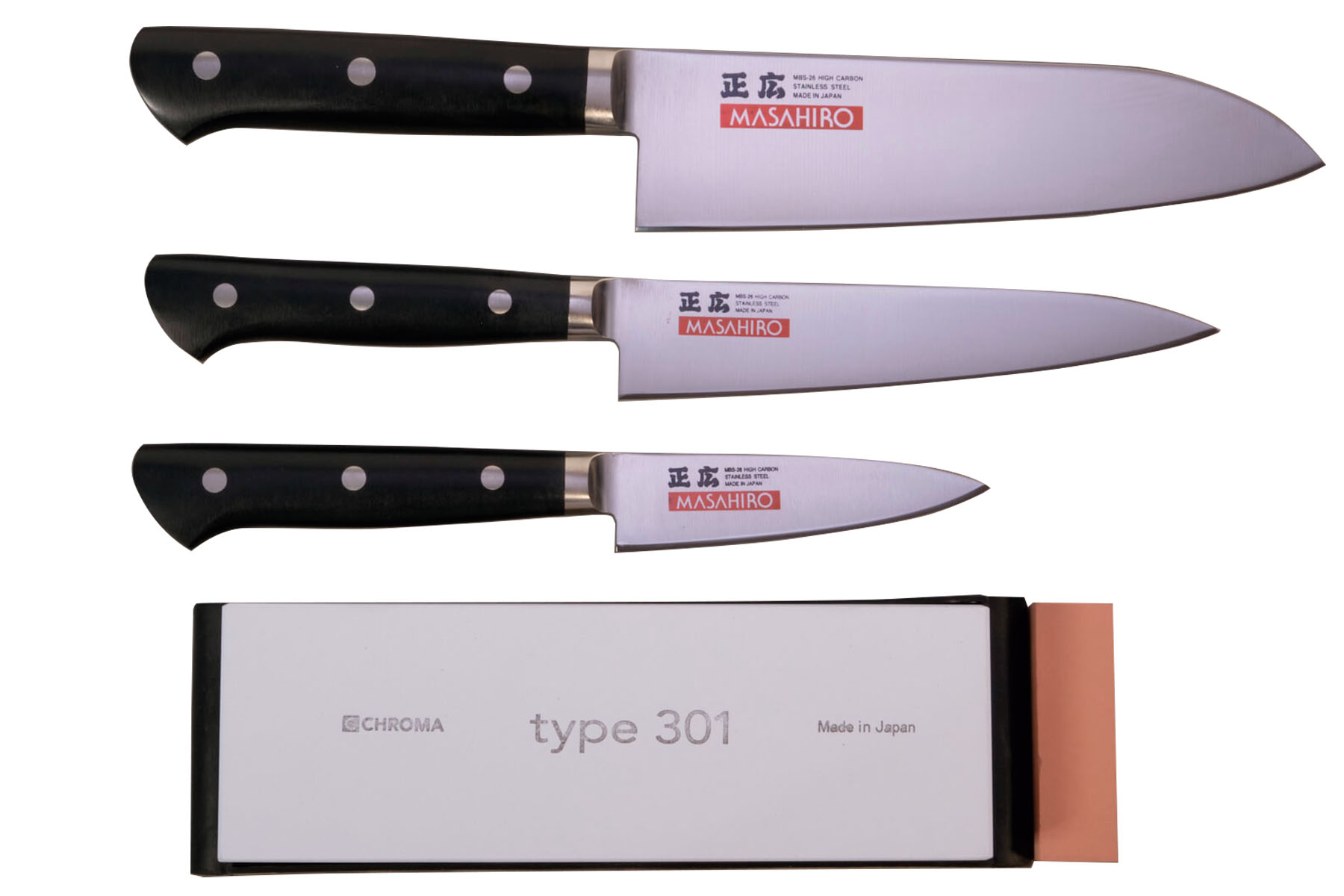 Set de 3 couteaux japonais Masahiro - Forme japonaise + pierre à aiguiser