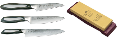 Set de 3 couteaux japonais Tojiro Flash forme européenne + pierre à aiguiser Tojiro