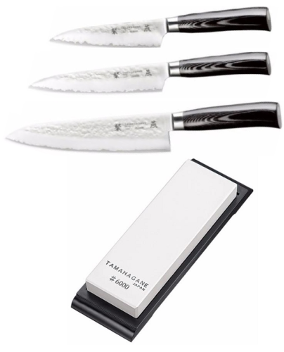 Set de 3 couteaux de cuisine Japonais Tamahagane Hammered" Forme Européenne" et pierre
