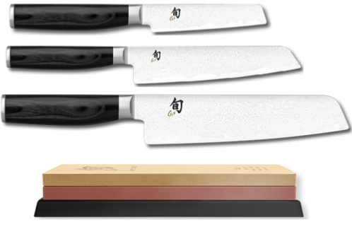 Set de 3 couteaux japonais Kai Shun Premier Minamo "forme japonaise" et pierre