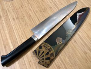 COUTEAU ARTISANAL "CHEF 27 CM RAINBOW DAMASCUS" AVEC LAQUE JAPONAISE