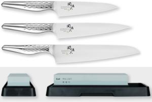 Set de 3 couteaux japonais Kai Seki Magoroku Shoso - Forme européenne + pierre à aiguiser Kai