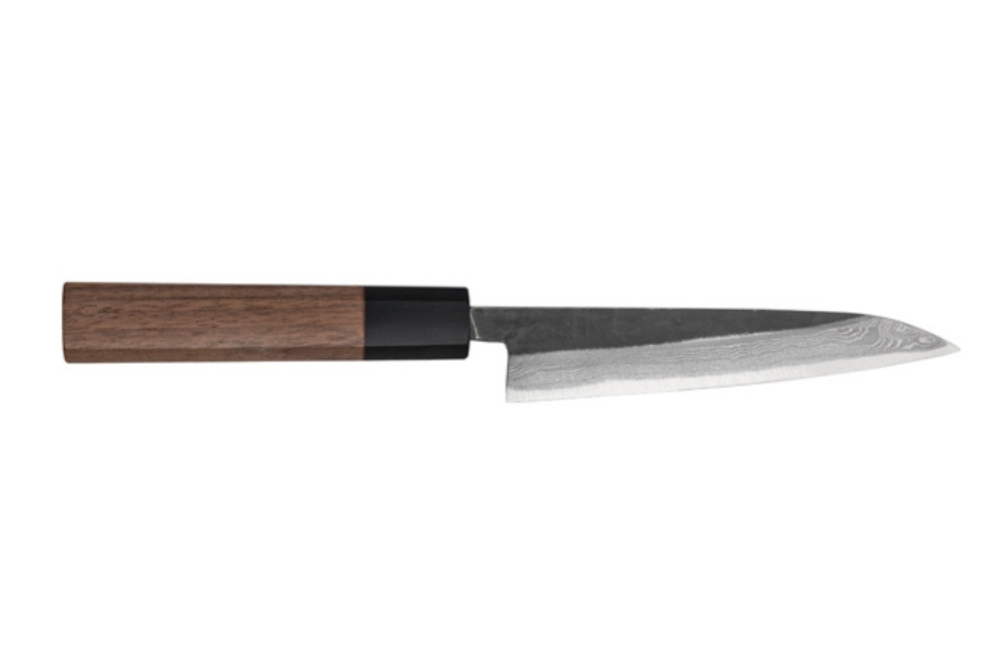 Couteau japonais artisanal Shiro Kamo brut de forge damas - Couteau petty 13,5 cm