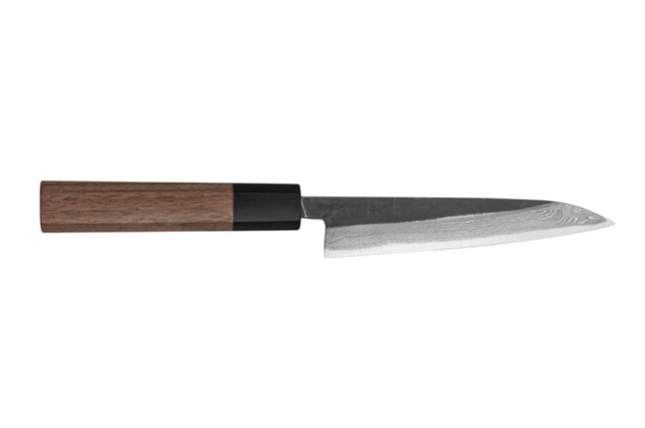 Couteau japonais artisanal Shiro Kamo "brut de forge" Damas - Petty 135 mm