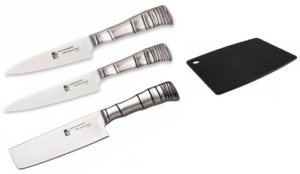 SET 3 COUTEAUX JAPONAIS TAMAHAGANE GAMME BAMBOO 3PLY "FORME VÉGAN" ET PLANCHE