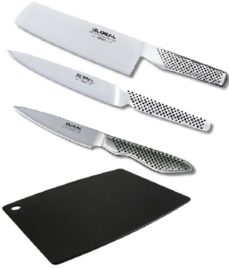 SET DE 3 COUTEAUX JAPONAIS GLOBAL SERIES "FORME VEGAN" ET PLANCHE
