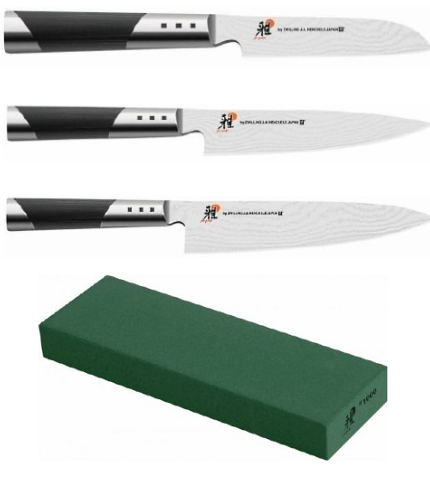 Set de 3 couteaux japonais Miyabi 7000D forme européenne + pierre à aiguiser Miyabi