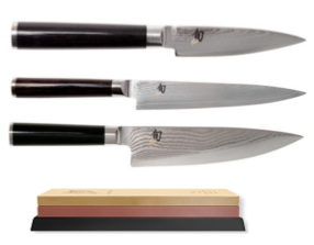 Set de 3 couteaux japonais Kai Shun Classic damas forme européenne + pierre à aiguiser Kai