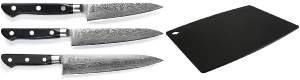 SET DE 3 COUTEAUX JAPONAIS TOJIRO DAMASCUS PRO SGPS "FORME EUROPÉENNE" ET PLANCHE