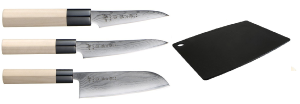 SET DE 3 COUTEAUX JAPONAIS TOJIRO SHIPPU "FORME JAPONAISE" ET PLANCHE